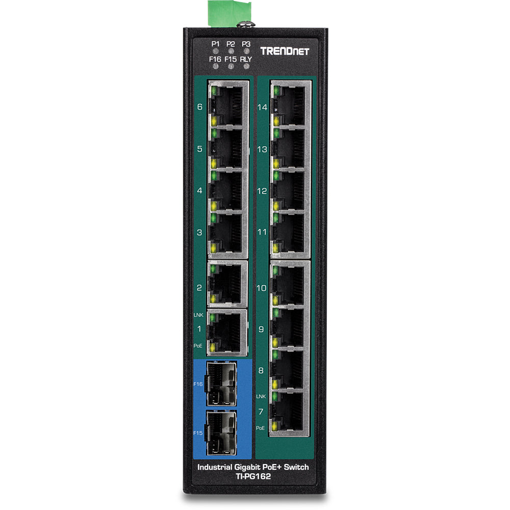 TRENDnet TI-PG162 – Switch – 14×GbE, 2×SFP, PoE+ 240 W, DIN-Rail