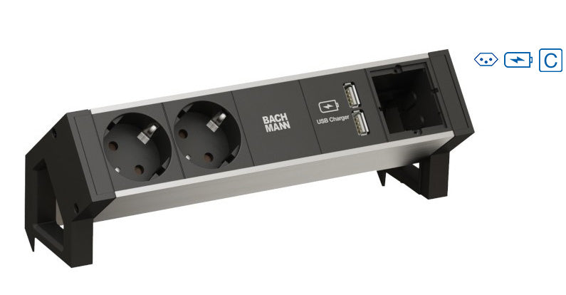 Bachmann DESK2 Steckdoseneinheit – 2×T13, 2×USB 15,5 W, Tisch/Einbau