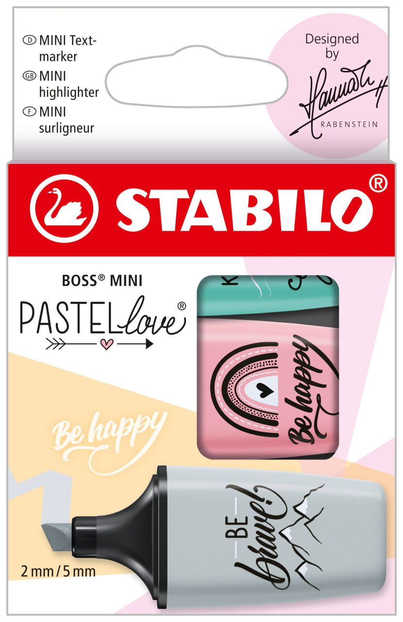 STABILO BOSS Textmarker Mini Set 3 Farben Pastell – Keilspitze, 2–5 mm