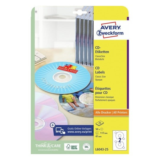 Avery CD-/DVD-Etiketten, Ø 117 mm, weiss, Papier, permanent, 50 Etiketten (25 Blatt)