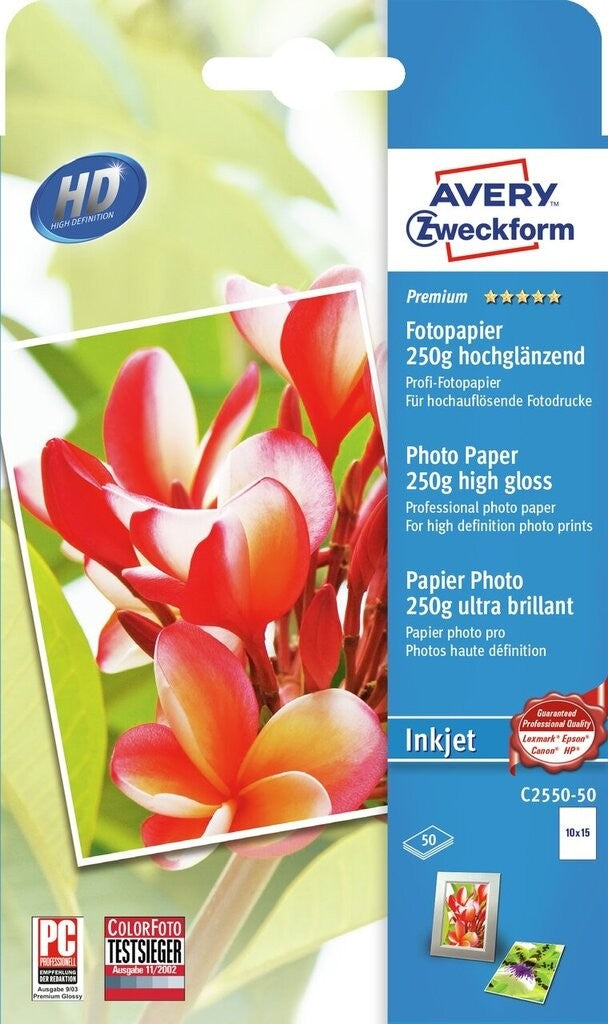 AVERY Zweckform Premium Fotopapier – hochglänzend, 10 × 15 cm, 250 g/m², 50 Blatt, für Inkjet