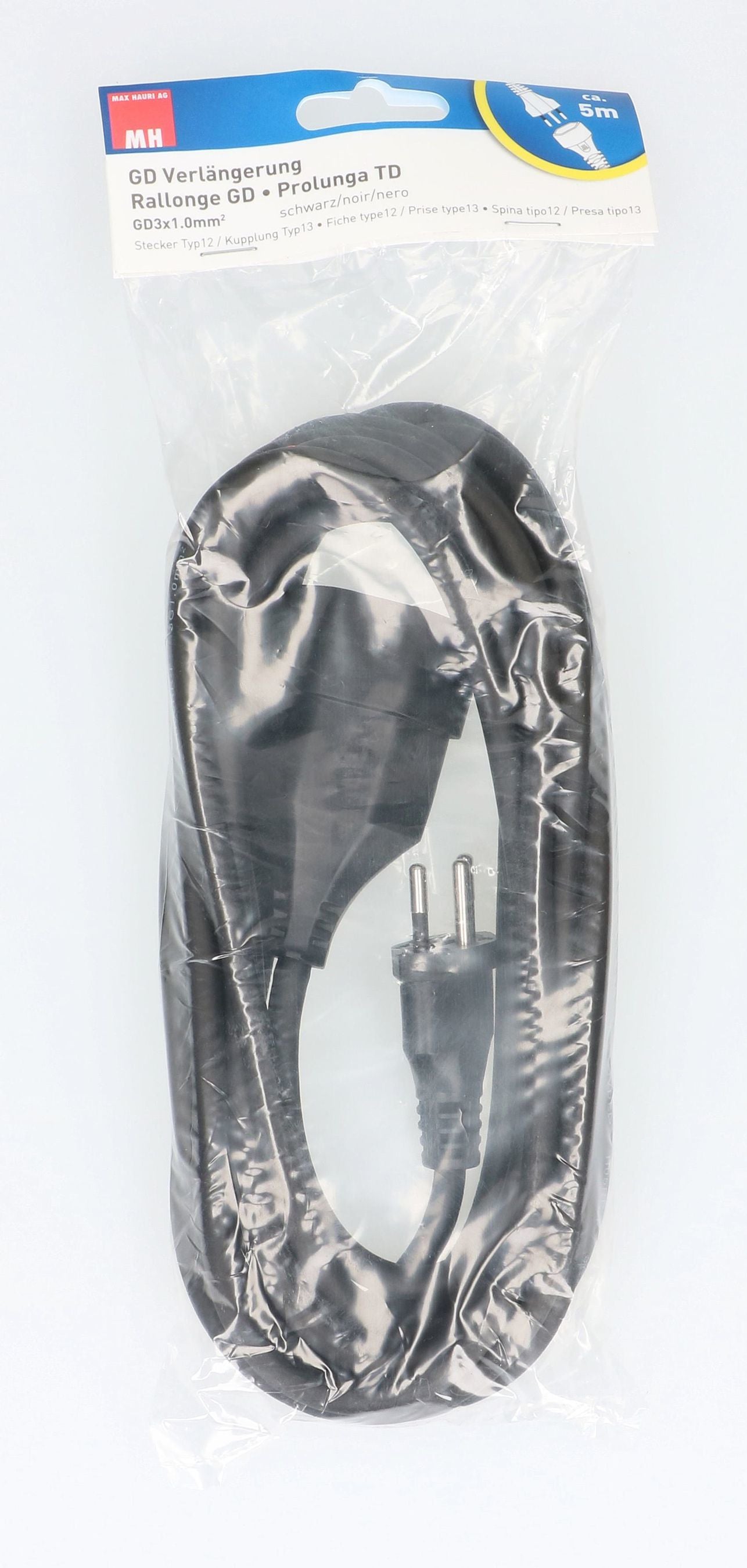 Max Hauri AG Max Hauri Verlängerungskabel, T12–T13, 5 m, 1 mm², angespritzt – schwarz