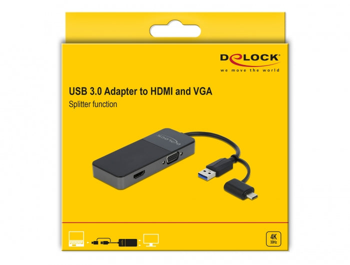 DeLOCK 64085 Adapter USB-A zu HDMI/VGA – USB 3.2 Gen 1 (5 Gbit/s), 0,12 m, für Windows/macOS