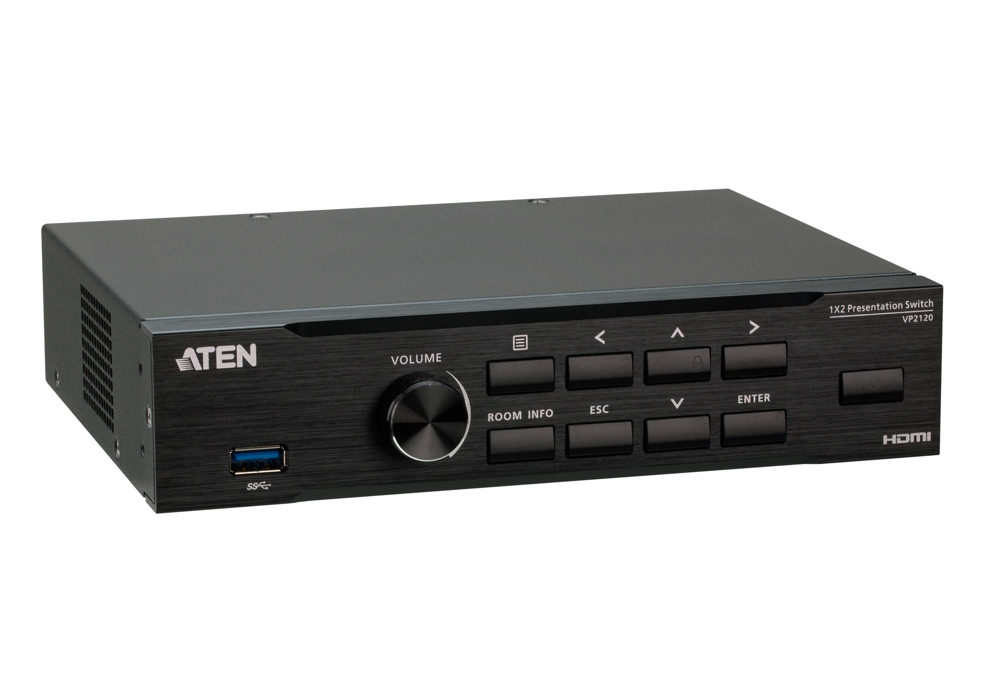 ATEN VP2120-AT-G – Switch – WUXGA (1920×1200), 1× HDMI-in/2× HDMI-out, USB Typ-A, RJ-45 – Schwarz, Metall