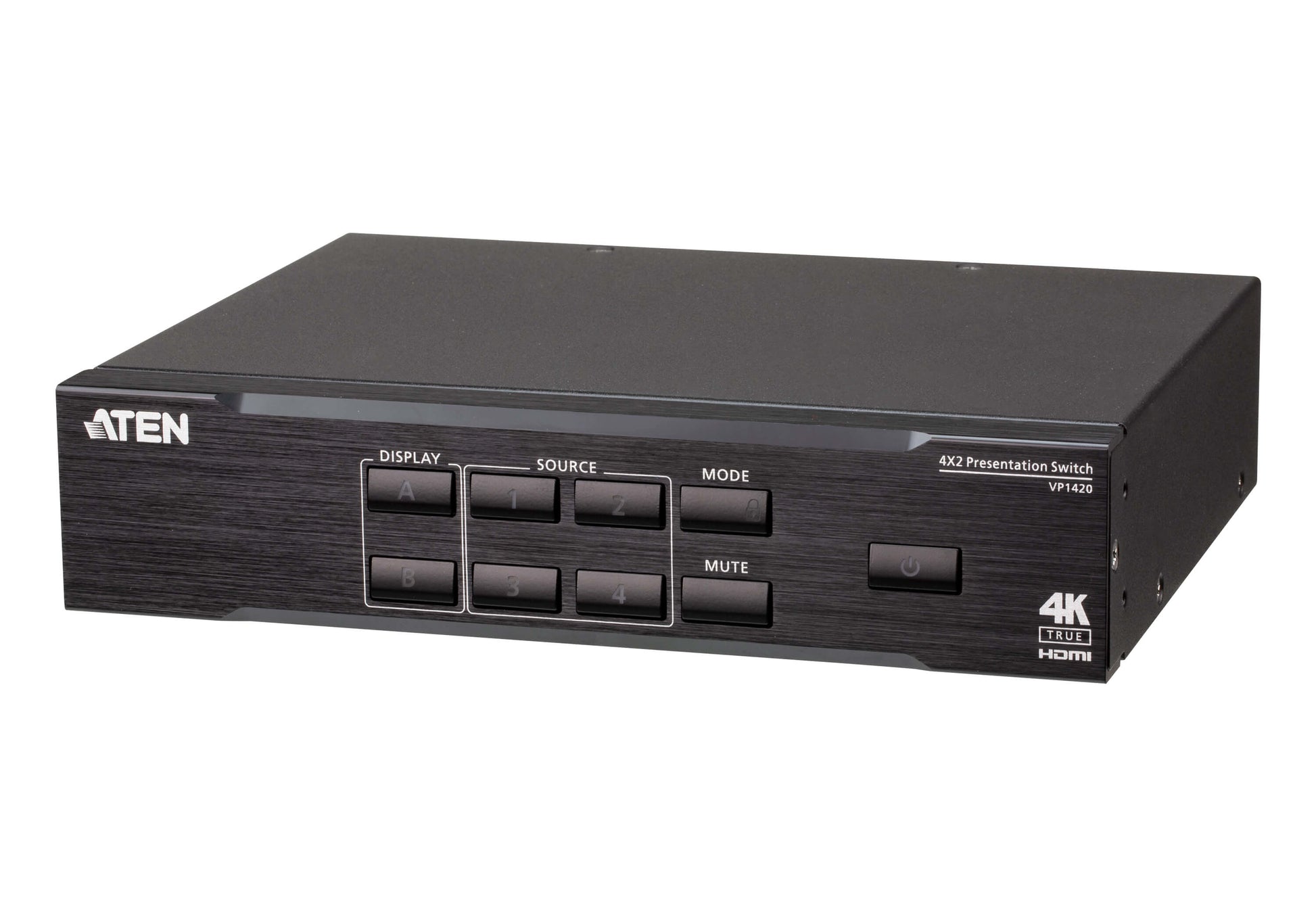 ATEN VP1420-AT-G – Video-Umschalter – 4× Eingänge (3× HDMI, 1× VGA), 2× HDMI-Ausgänge, 4K UHD – Schwarz
