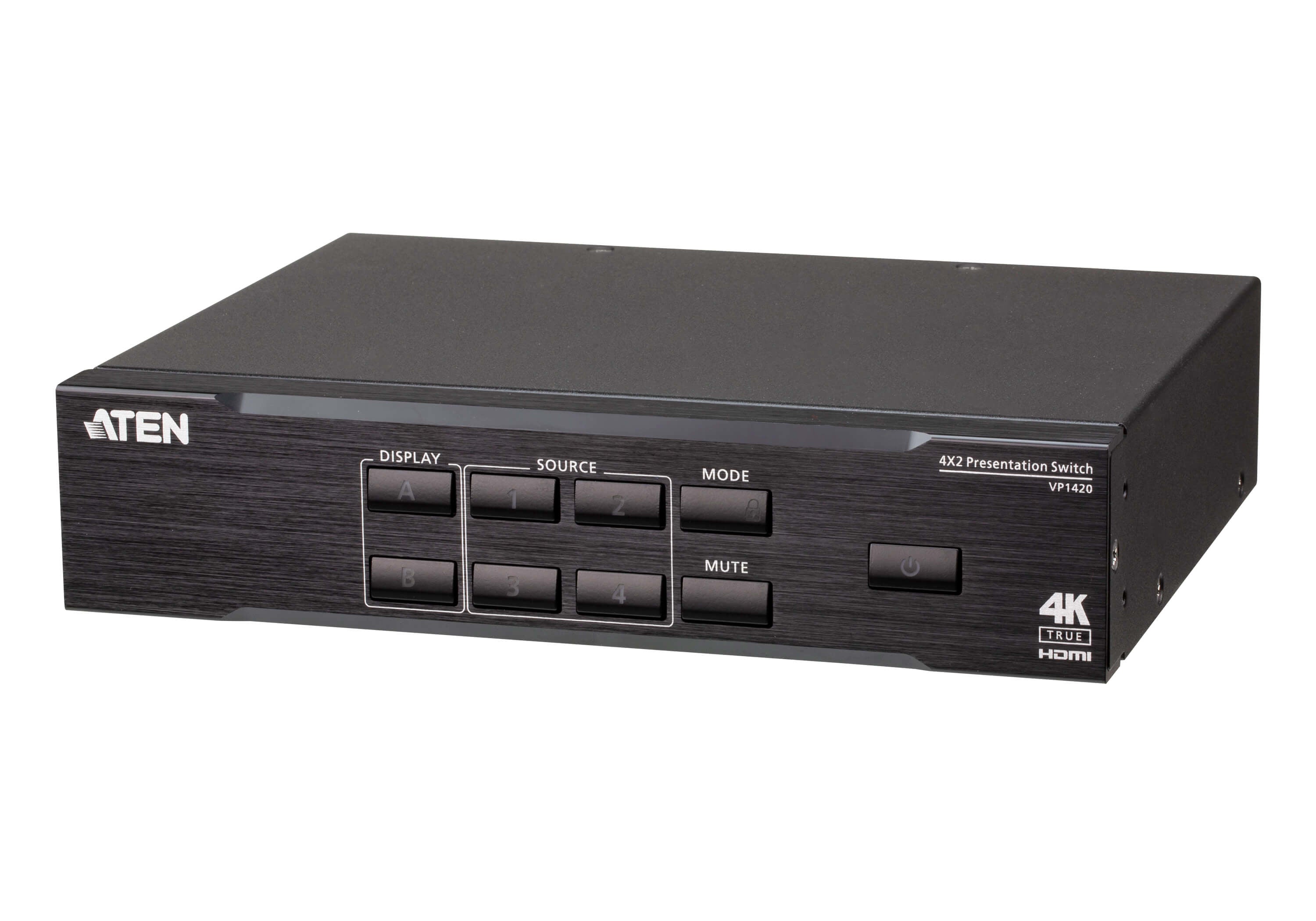 ATEN VP1420-AT-G – Video-Umschalter – 4× Eingänge (3× HDMI, 1× VGA), 2× HDMI-Ausgänge, 4K UHD – Schwarz