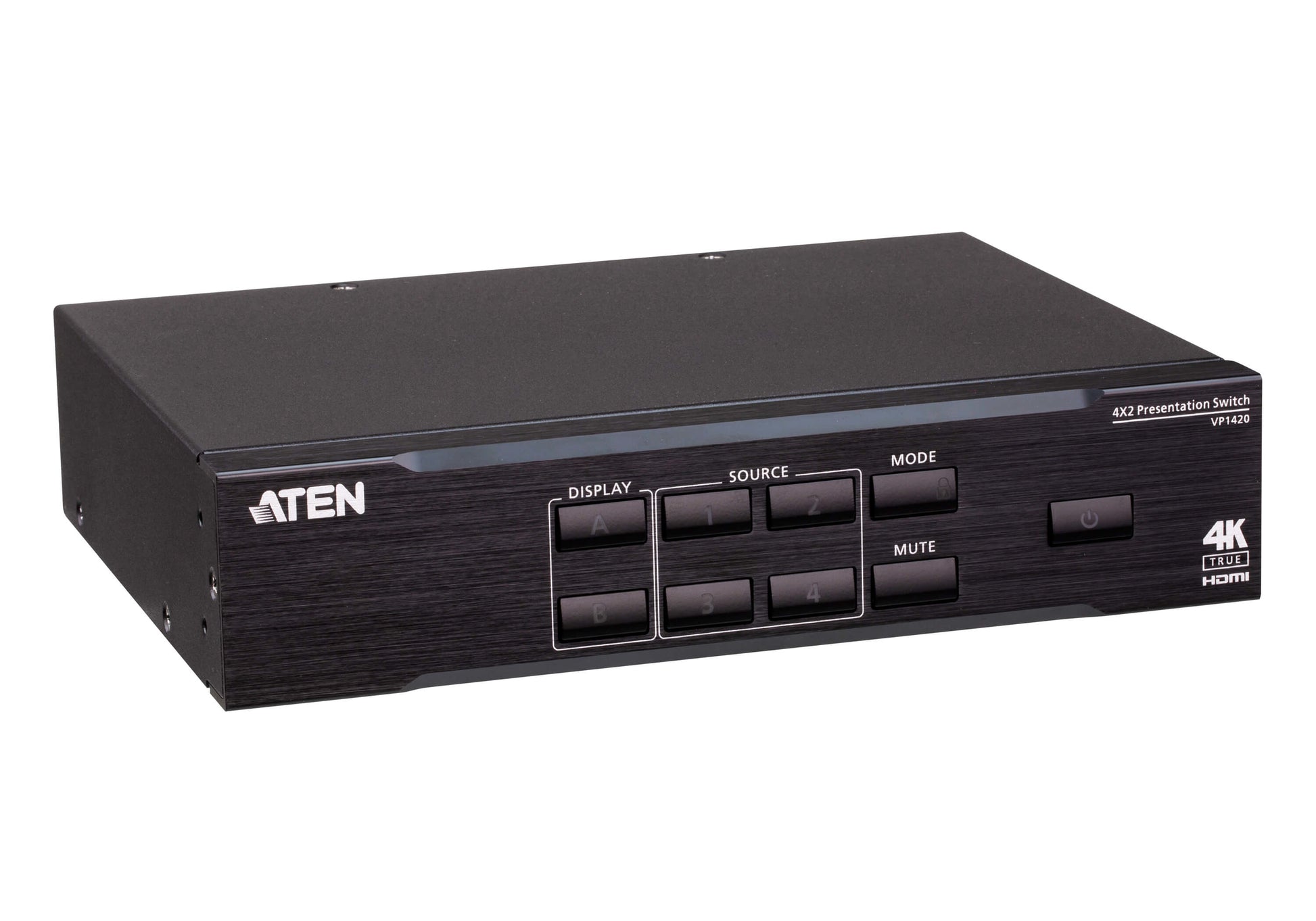 ATEN VP1420-AT-G – Video-Umschalter – 4× Eingänge (3× HDMI, 1× VGA), 2× HDMI-Ausgänge, 4K UHD – Schwarz
