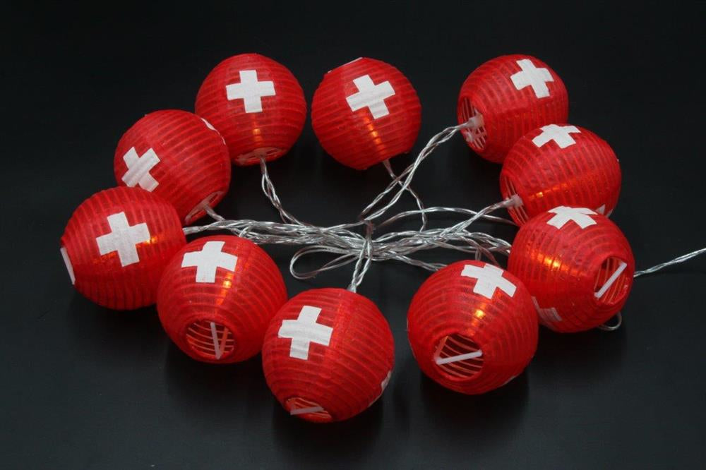 Dameco Lichterkette CH-Kreuz 6er-Set – 1,8 m – 10 LEDs, Warmweiss – Solarbetrieb – Nylon, Rot/Weiss