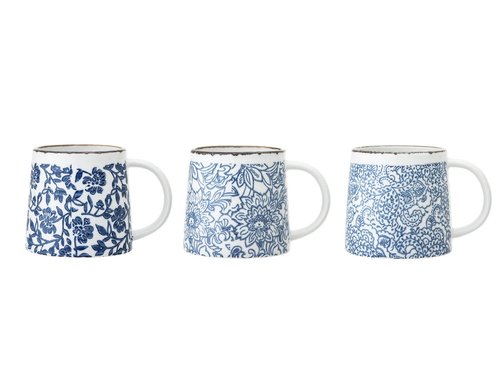 Bloomingville Kaffeetasse – 3er Set, 400 ml, Ø 9,5 cm, Steingut, Blau, spülmaschinenfest, mikrowellengeeignet