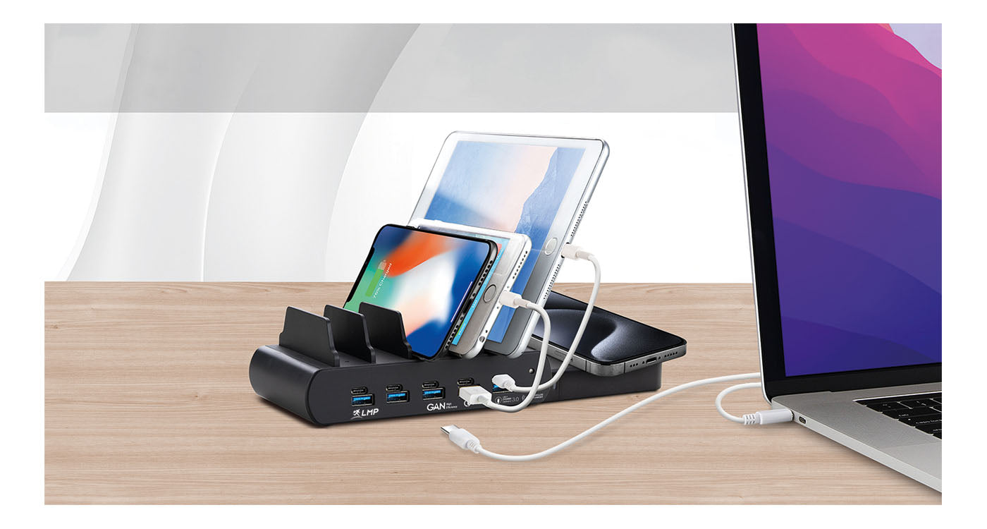 LMP DuoCharge USB-Desktop-Ladegerät 150 W – USB-C×5, USB-A×1 – GaN, Qi2-Ladepad – Schwarz