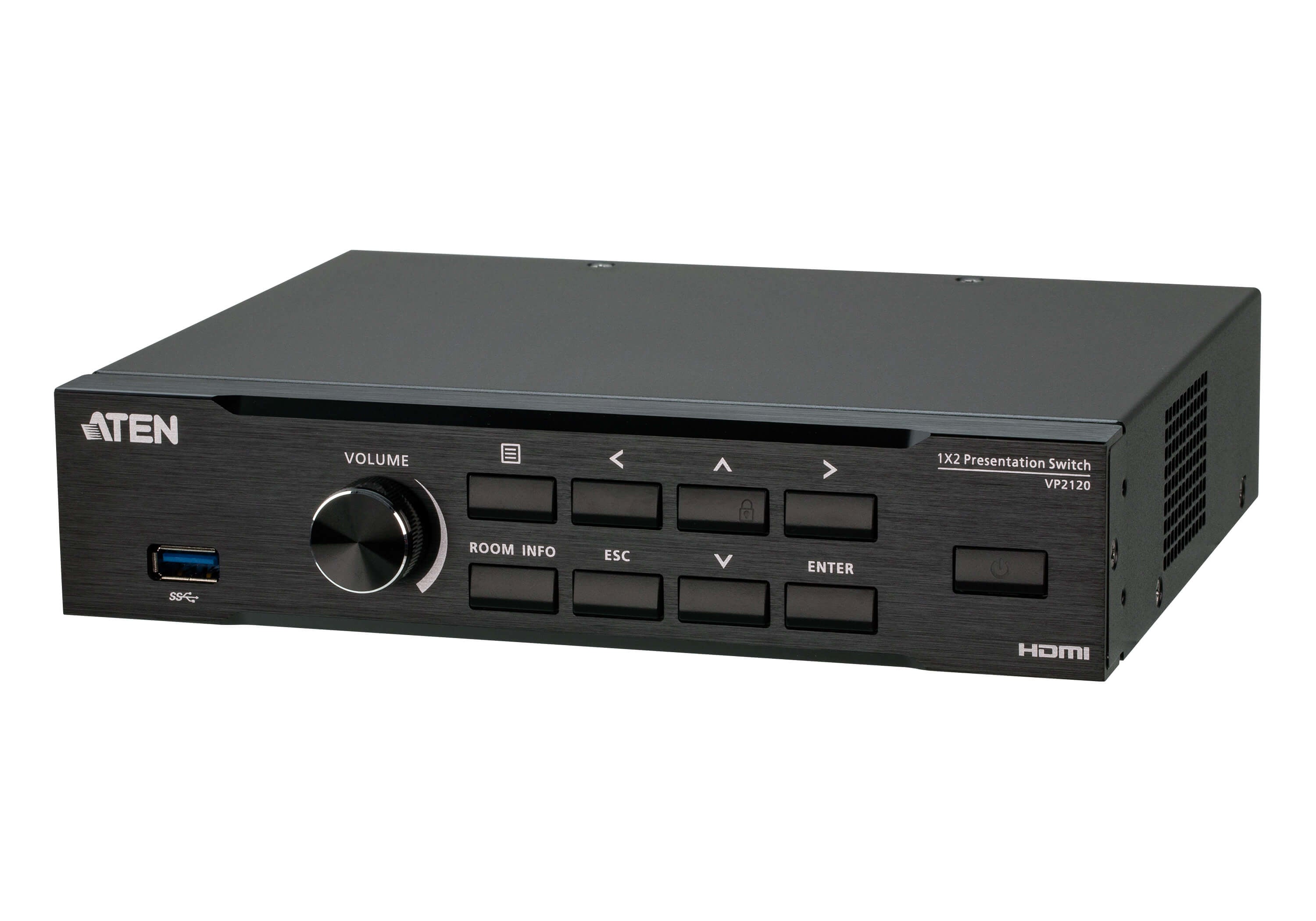 ATEN VP2120-AT-G – Switch – WUXGA (1920×1200), 1× HDMI-in/2× HDMI-out, USB Typ-A, RJ-45 – Schwarz, Metall