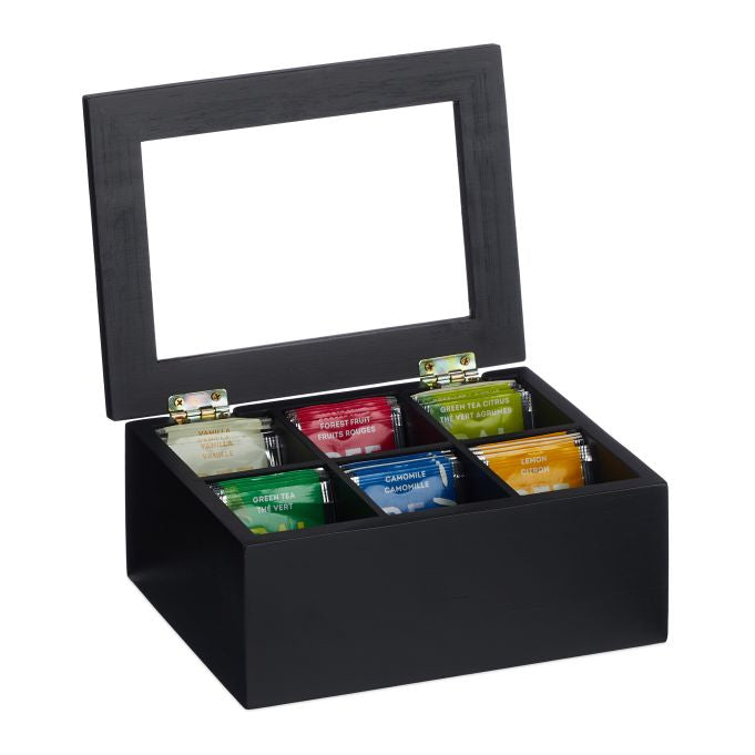 Relaxdays Teebeutelbox Bambus/Kunststoff, 6 Fächer, schwarz