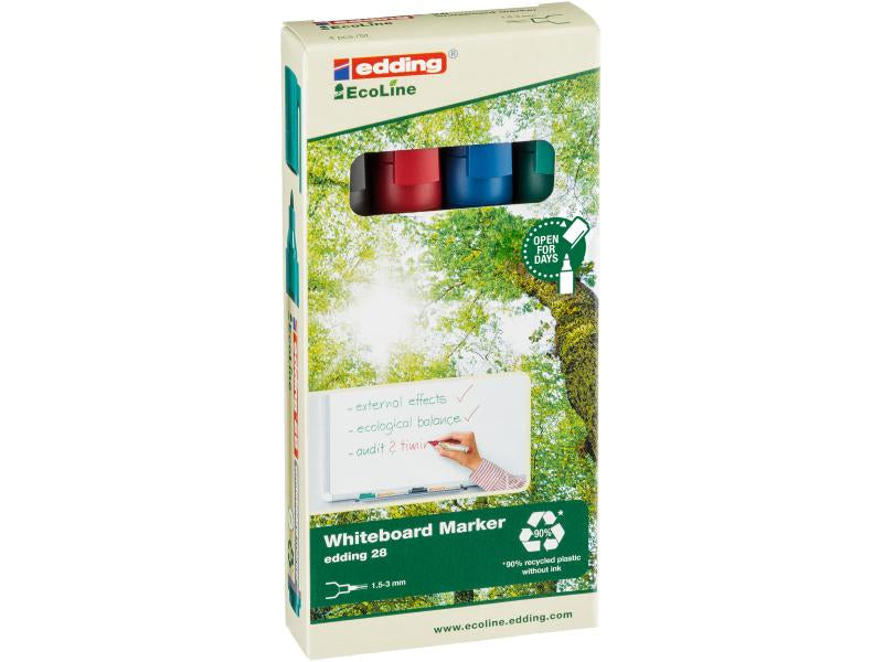 Edding Whiteboard-Marker 28 EcoLine – Rundspitze 1,5-3 mm – Sortiert – 4er-Set – Trocken abwischbar