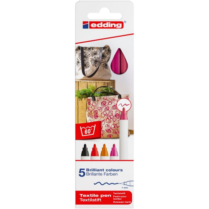 Edding 4600 Textilmarker – Rundspitze 1 mm – Mehrfarbig – 5er-Set