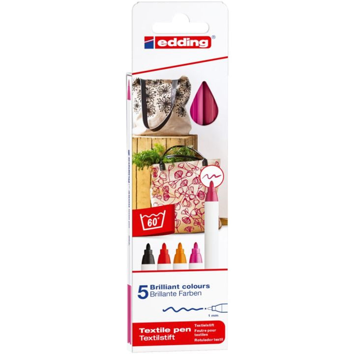 Edding Textil-Marker – sortiert (schwarz, rot, orange, pink, karminrot), 5er