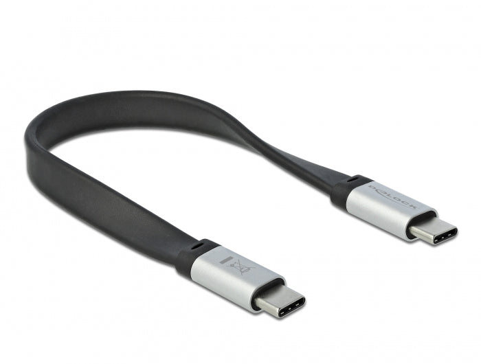 DeLOCK USB-C auf USB-C Kabel – USB 3.2 Gen 2 (10 Gbit/s) – 0,22 m – Flachband – Schwarz/Silber