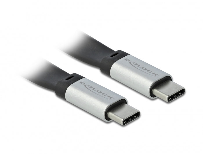 DeLOCK USB-C auf USB-C Kabel – USB 3.2 Gen 2 (10 Gbit/s) – 0,22 m – Flachband – Schwarz/Silber