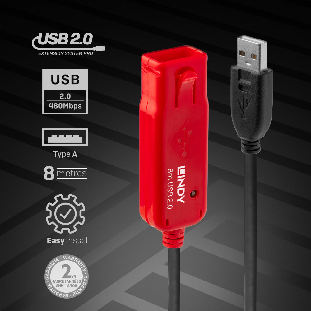 Lindy USB-Verlängerungskabel (Stecker auf Buchse) – USB 2.0 (480 Mbit/s) – 8 m – Aktiv – Schwarz