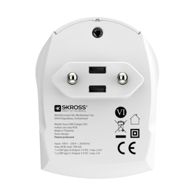 Skross Euro USB Ladegerät 2 Port USB-Ladegerät 40 W – USB-C×1, USB-A×1 – EU-Stecker (Typ C), weiss