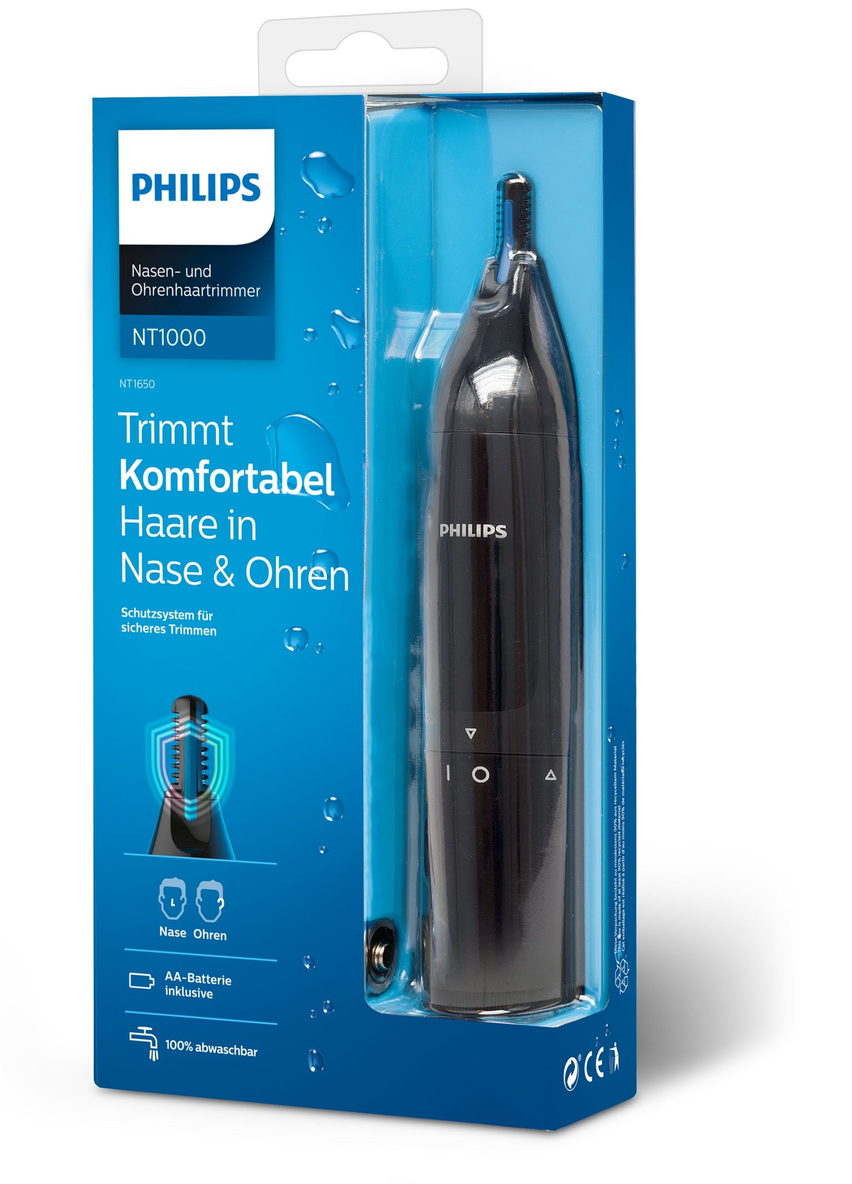 Philips Nasen- & Ohrenhaartrimmer NT1650/16 Serie 1000 – batteriebetrieben (AA), waschbar, schwarz