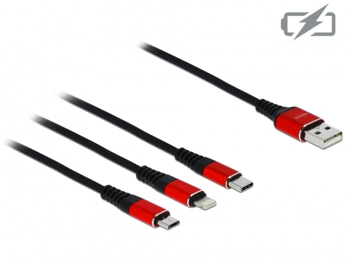 DeLOCK USB-A auf Lightning/Micro-USB-B/USB-C Kabel – USB 2.0 (480 Mbit/s) – 1 m – Textilmantel – Schwarz/Rot