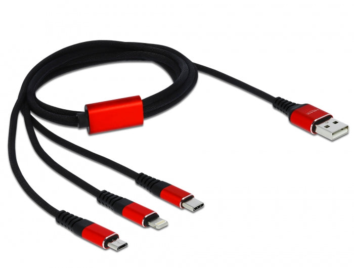 DeLOCK USB-A auf Lightning/Micro-USB-B/USB-C Kabel – USB 2.0 (480 Mbit/s) – 1 m – Textilmantel – Schwarz/Rot