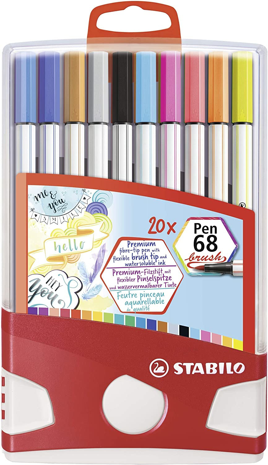 STABILO Pen 68 Brush Filzstift, Doppelspitze – Pinselspitze + Rundspitze, 1 mm, wasservermalbar, 20 Farben