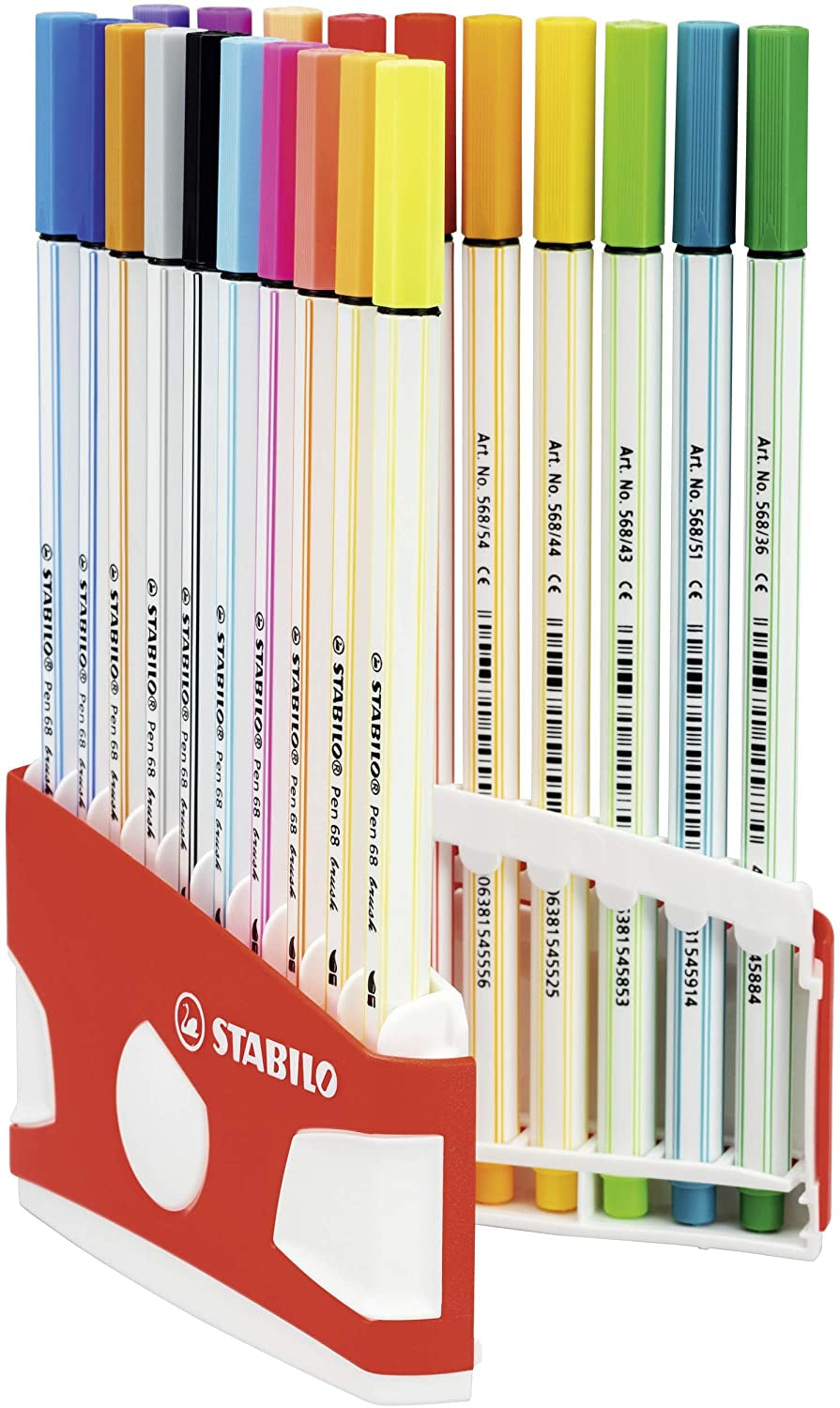STABILO Pen 68 Brush Filzstift, Doppelspitze – Pinselspitze + Rundspitze, 1 mm, wasservermalbar, 20 Farben