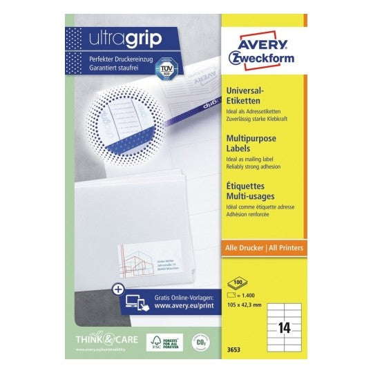 Avery Etiketten, 105 mm × 42 mm, weiss, Papier, permanent, 100 Blatt