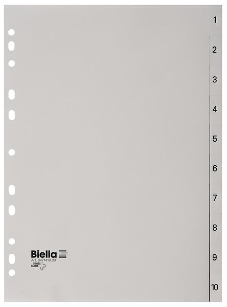 Biella Register A4 hoch – nummeriert 1–10, 10 Taben, PP grau, mit Indexblatt