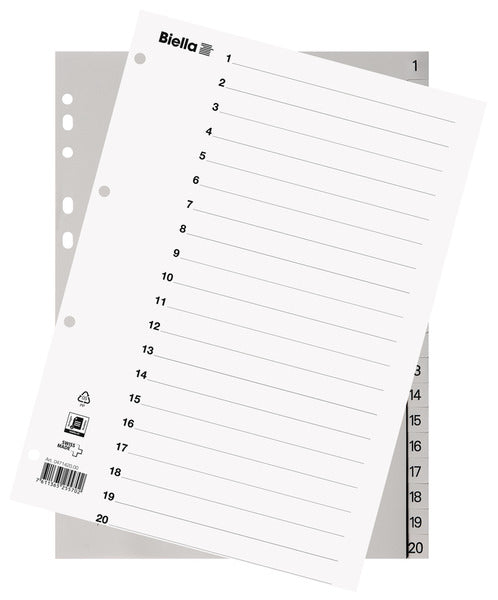 Biella Register A4 – nummeriert 1–20, PP grau, mit Indexblatt