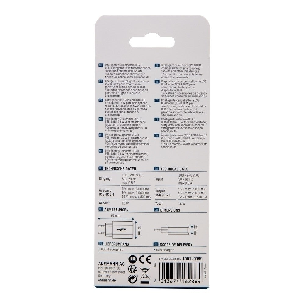 Ansmann HC218PD USB-Ladegerät 18 W – USB-A×1 – QC 3.0 – Schwarz