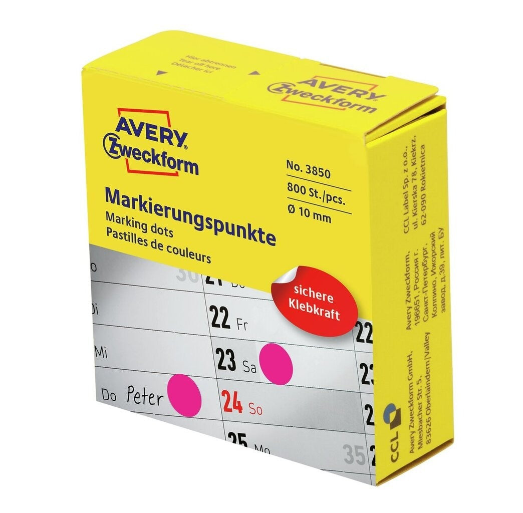 Avery Markierungspunkte – rund Ø 10 mm, permanent, magenta, 1 Rolle (800 Stk.)