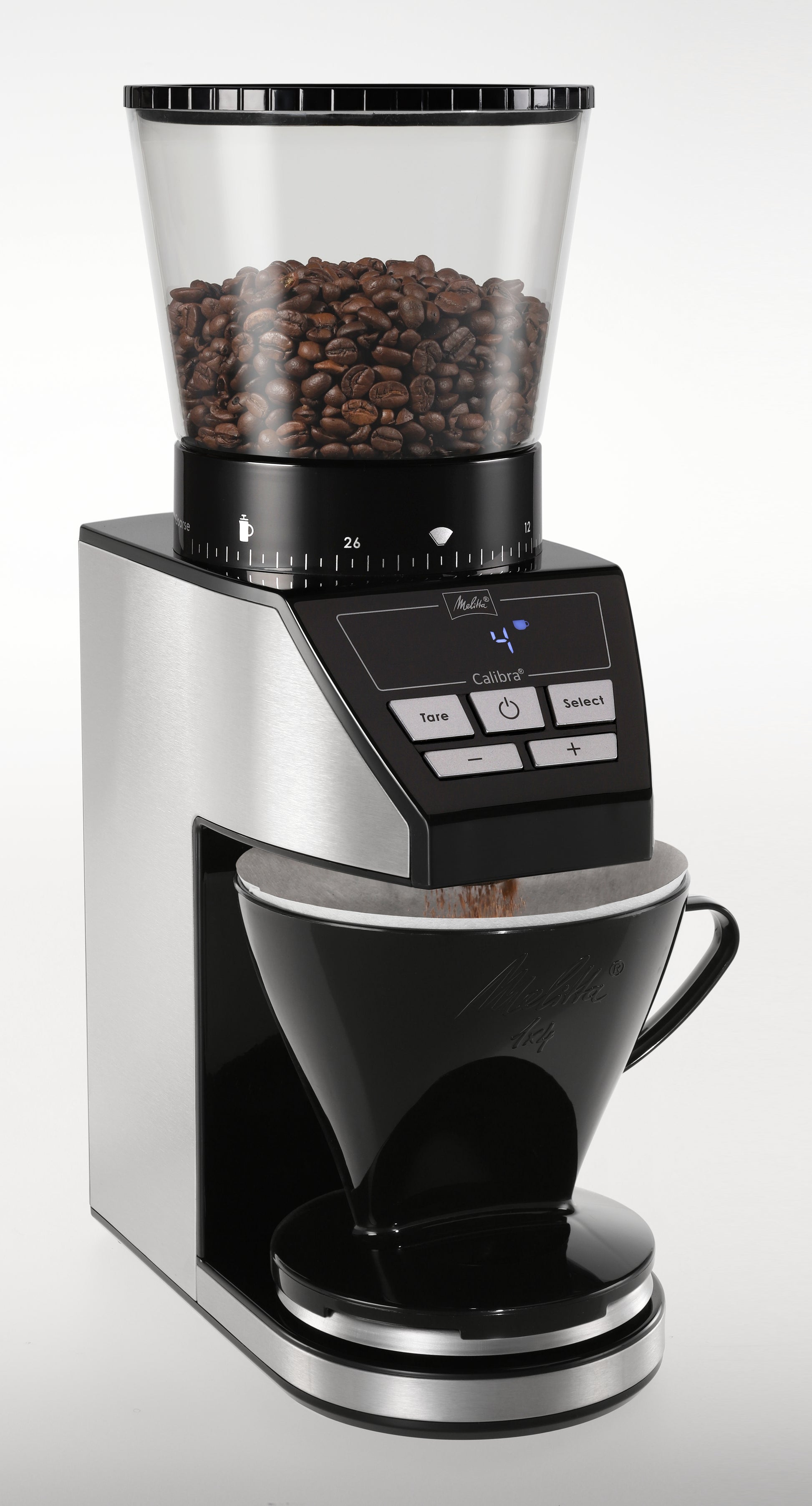 Melitta Kaffeemühle Calibra – Kegelmahlwerk, 39 Stufen, 375 g, 160 W, LCD-Display, Schwarz