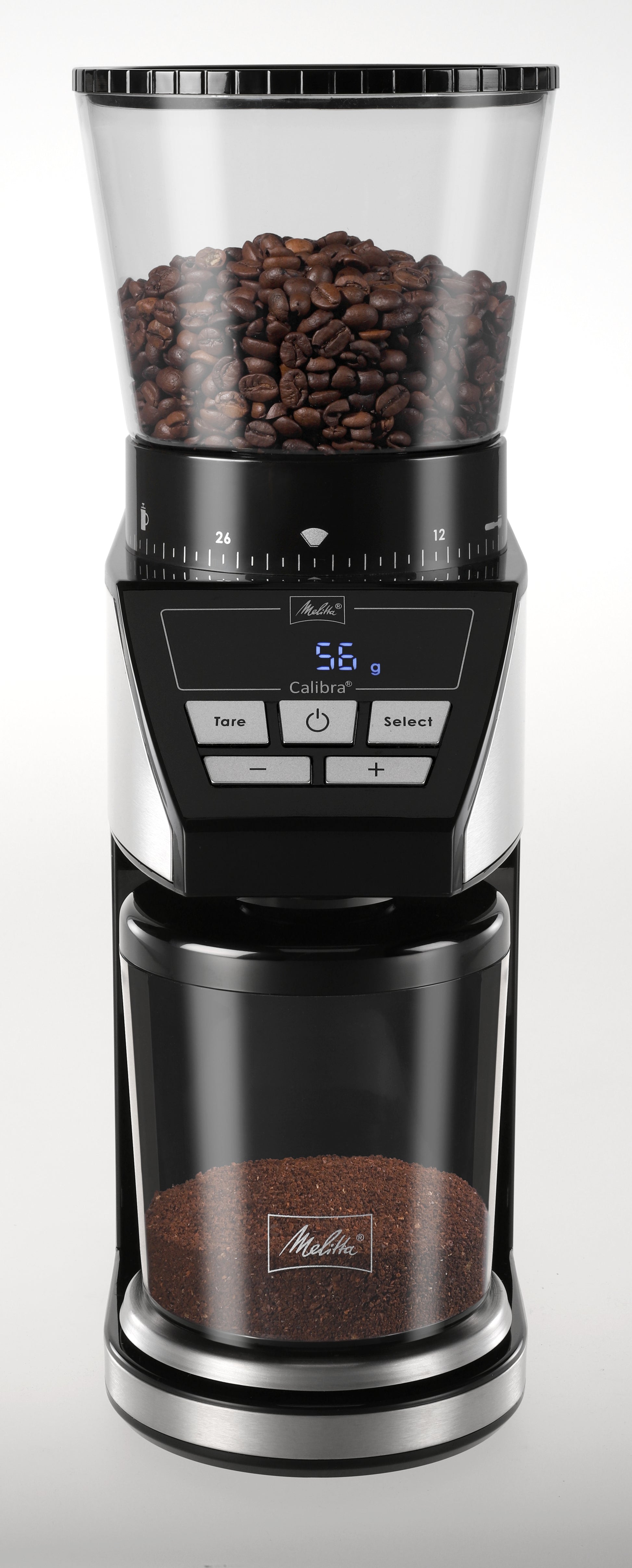 Melitta Kaffeemühle Calibra – Kegelmahlwerk, 39 Stufen, 375 g, 160 W, LCD-Display, Schwarz