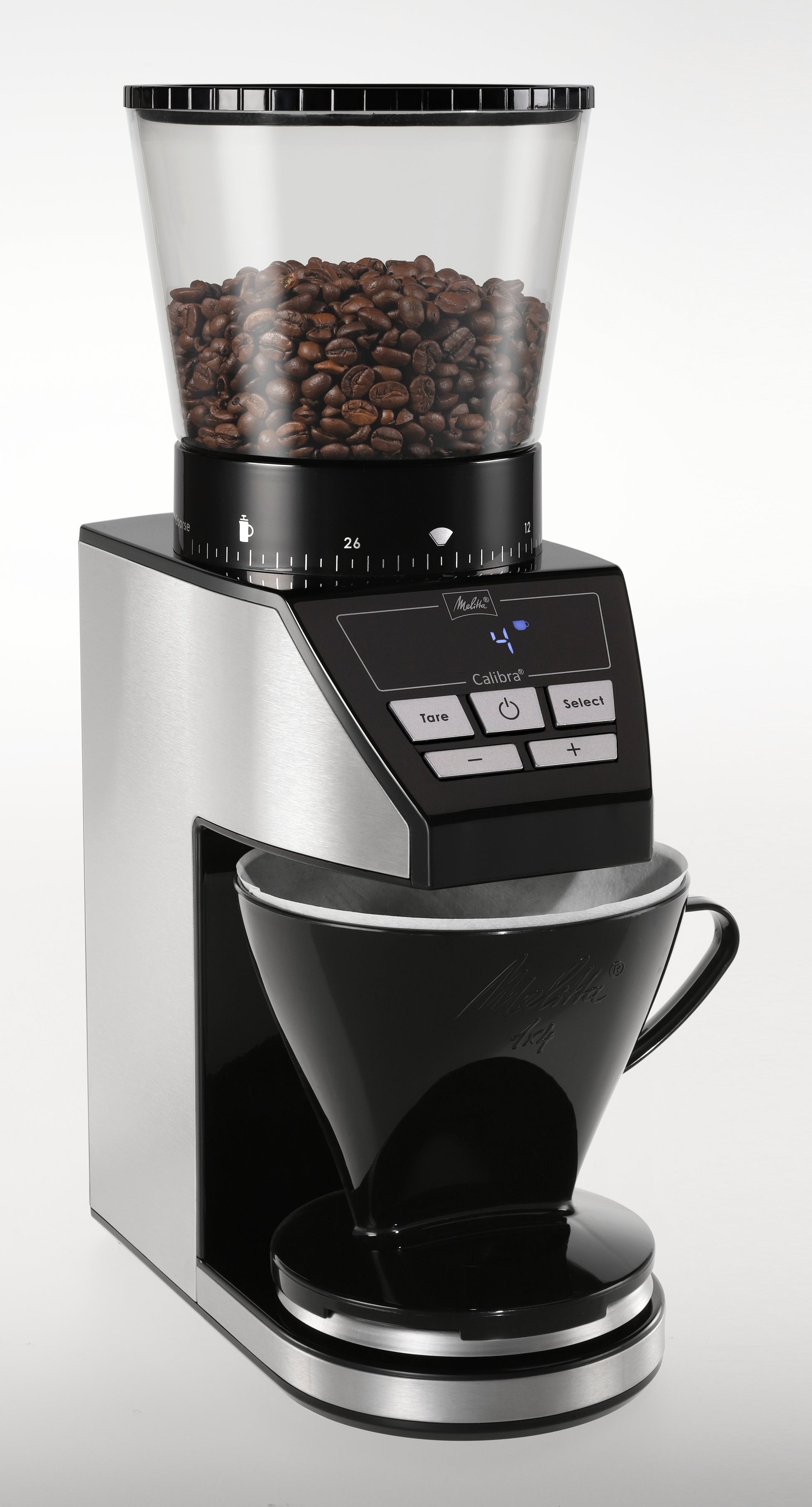 Melitta Kaffeemühle Calibra – Kegelmahlwerk, 39 Stufen, 375 g, 160 W, LCD-Display, Schwarz