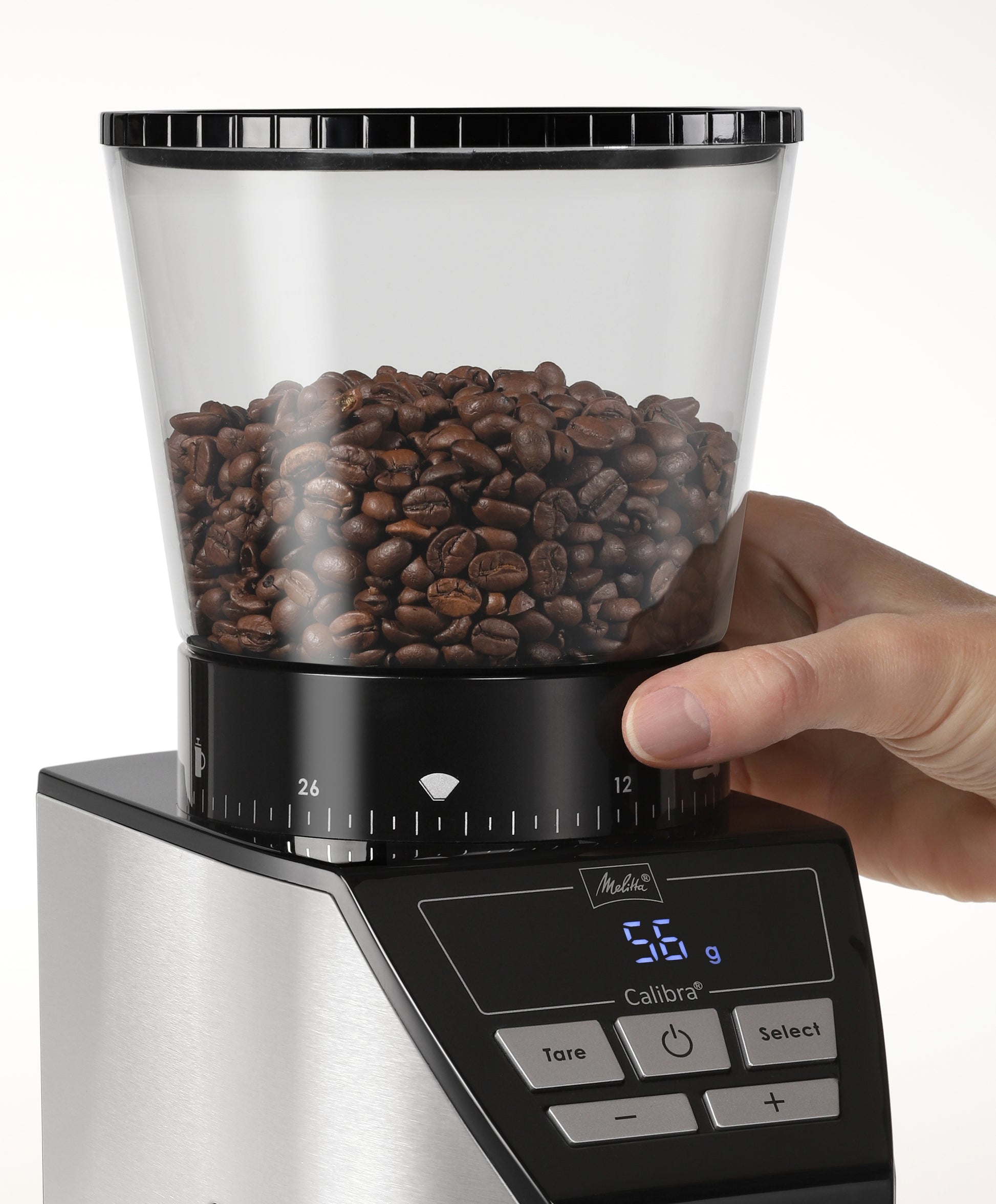 Melitta Kaffeemühle Calibra – Kegelmahlwerk, 39 Stufen, 375 g, 160 W, LCD-Display, Schwarz