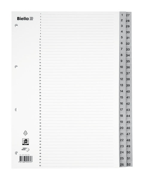 Biella Register A4 hoch – blanko, 52 Taben, PP grau, mit Indexblatt