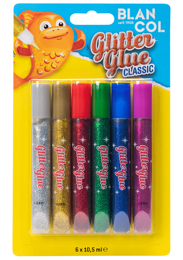 BLANCOL Glitzerkleber Classic – farbig sortiert – Set 6 × 10,5 ml – auswaschbar, lösungsmittelfrei