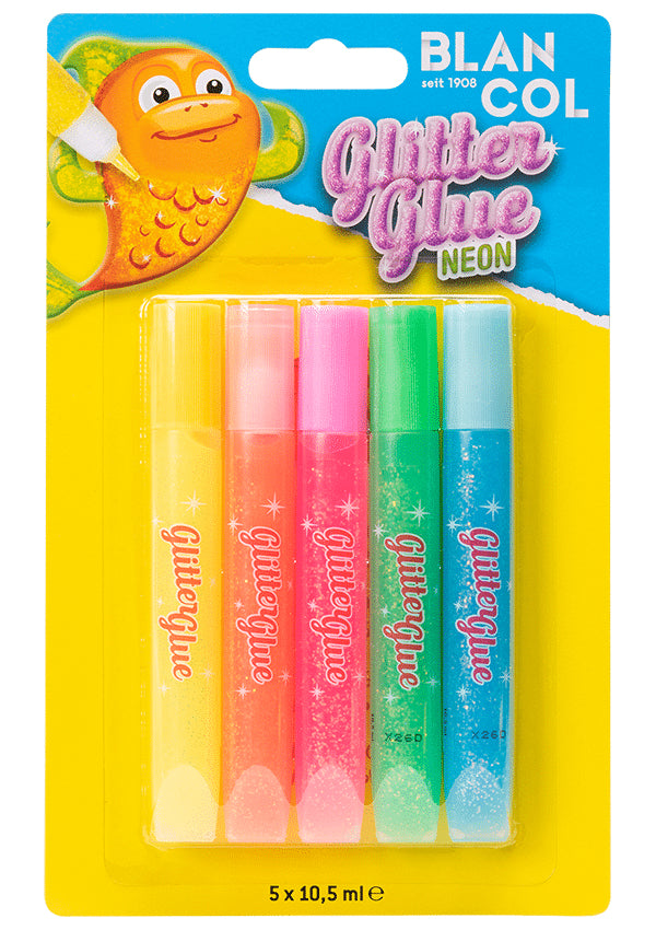 BLANCOL Glitzerkleber Neon – farbig sortiert – Set 5 × 10,5 ml – auswaschbar, lösungsmittelfrei – für Basteln