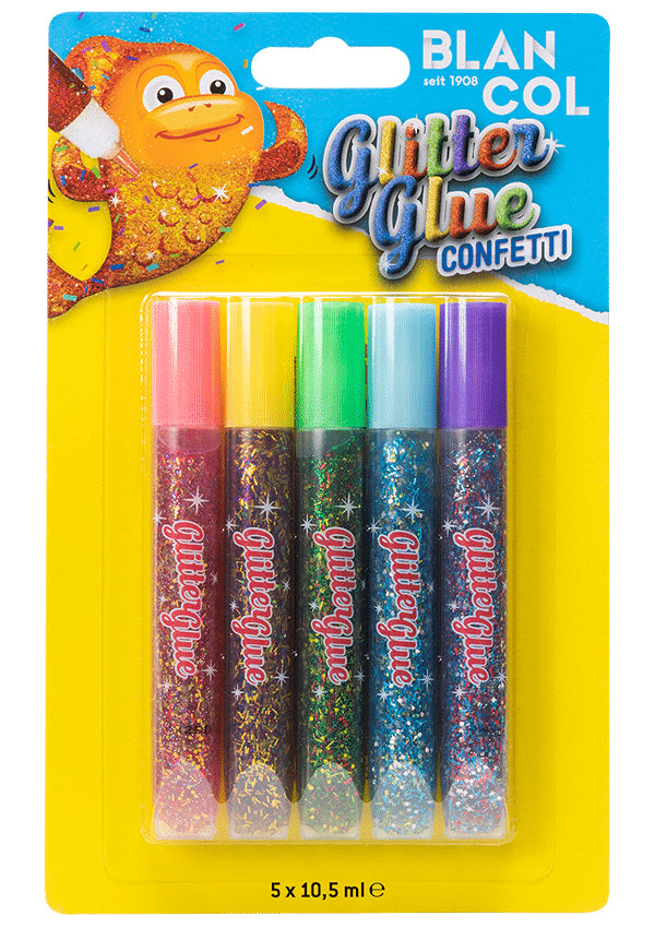 BLANCOL Glitzerkleber Confetti – farbig sortiert – Set 5 × 10,5 ml – auswaschbar, lösungsmittelfrei