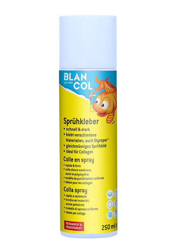 BLANCOL Sprühkleber – Sprühdose, permanent, transparent, tropffrei, 250 ml, für Karton, Metallfolien u. a.