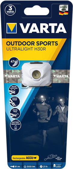 VARTA Stirnlampe Ultralight H30R – 300 lm, 91 m, IPX4, Laufzeit 21 h – Weiss