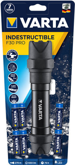 Varta Taschenlampe Indestructible F30 Pro – 650 lm, 279 m, IP67, 6× AA, 2 Stufen – Schwarz