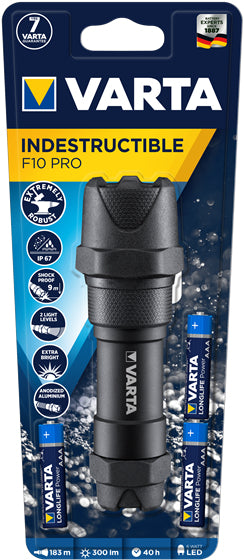 Varta Taschenlampe Indestructible F10 Pro – 300 lm, 183 m, IP67, 3× AAA – Schwarz
