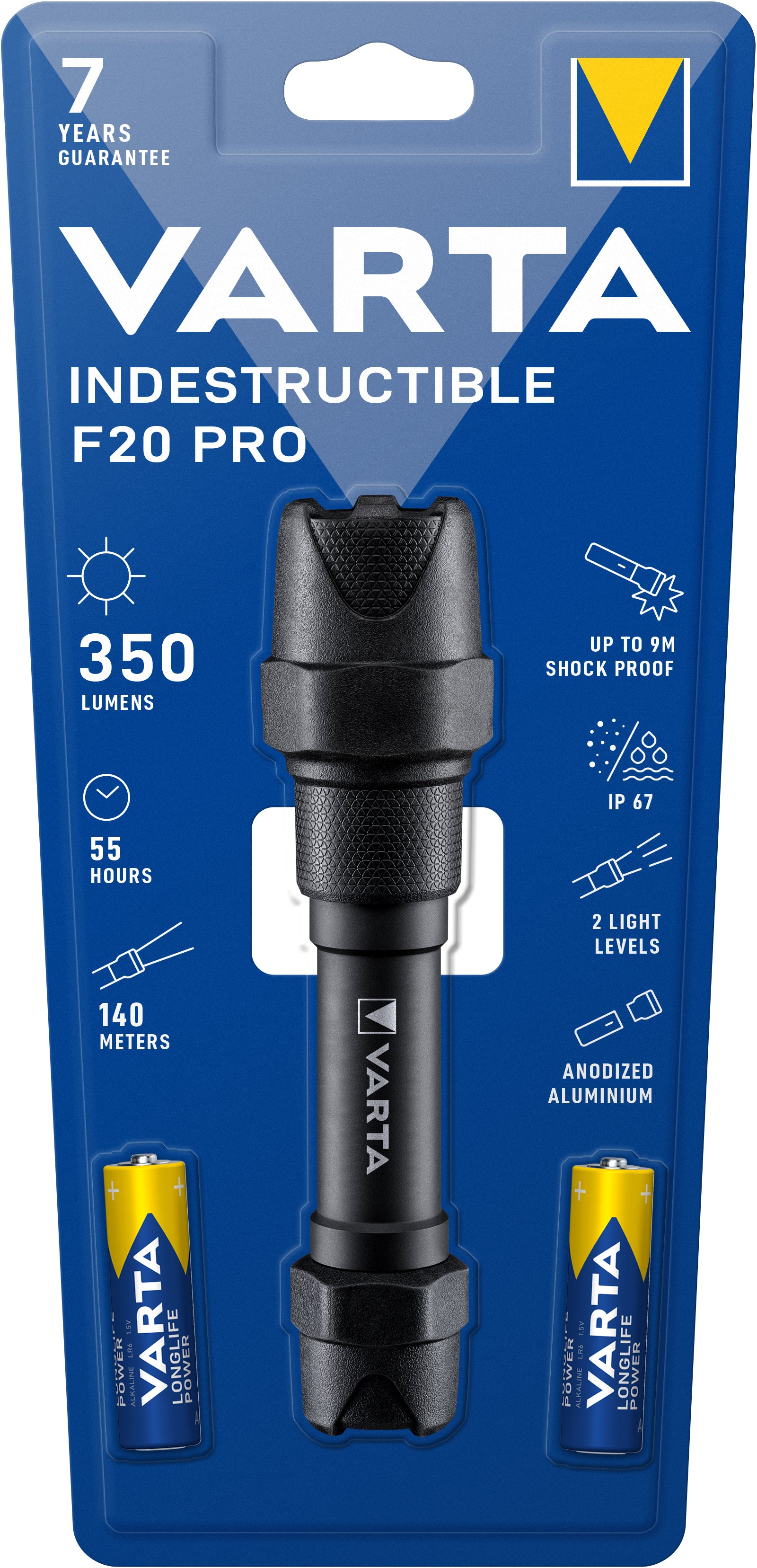 Varta Taschenlampe F20 Pro – 350 lm, 140 m, IP67, 2×AA, 2 Stufen – Schwarz