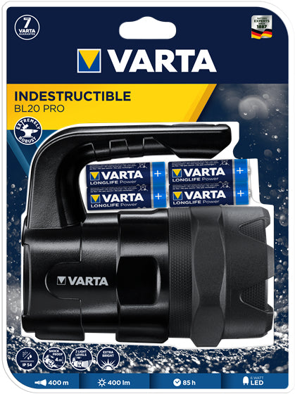 Varta Taschenlampe Indestructible BL20 Pro – 400 lm, 400 m, IP54, AA (6×), 85 h – Schwarz
