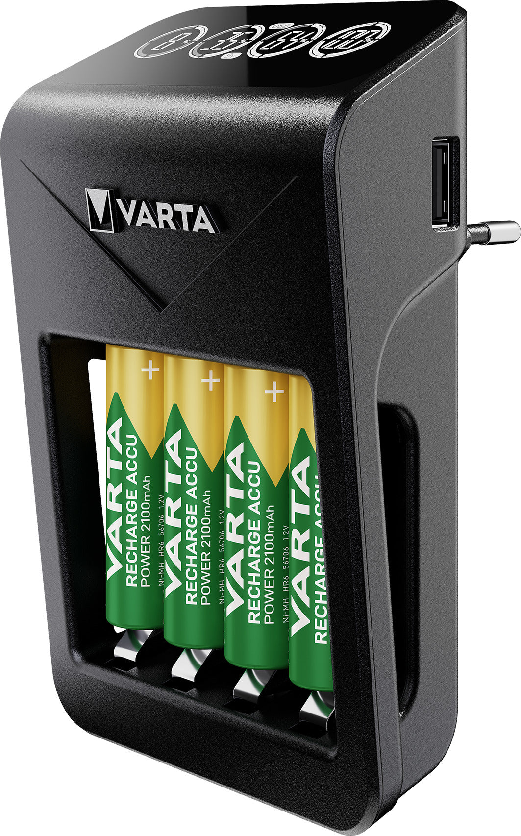 Varta LCD-Steckerladegerät + Batterieladegerät 4× – für AA, AAA, 9V (NiMH) – LCD, USB×1 – inkl. 4×AA 2100 mAh – schwarz