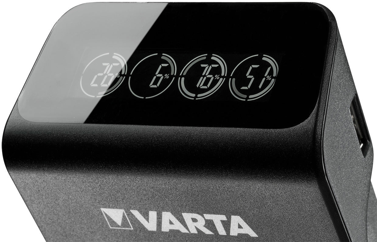 Varta LCD-Steckerladegerät + Batterieladegerät 4× – für AA, AAA, 9V (NiMH) – LCD, USB×1 – inkl. 4×AA 2100 mAh – schwarz