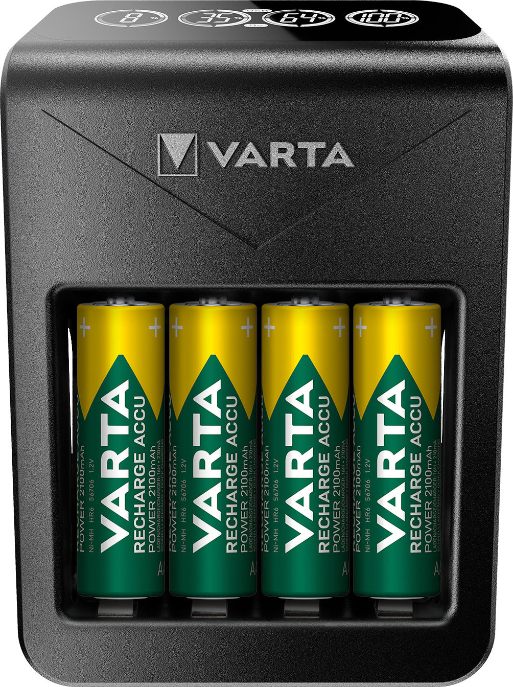Varta LCD-Steckerladegerät + Batterieladegerät 4× – für AA, AAA, 9V (NiMH) – LCD, USB×1 – inkl. 4×AA 2100 mAh – schwarz